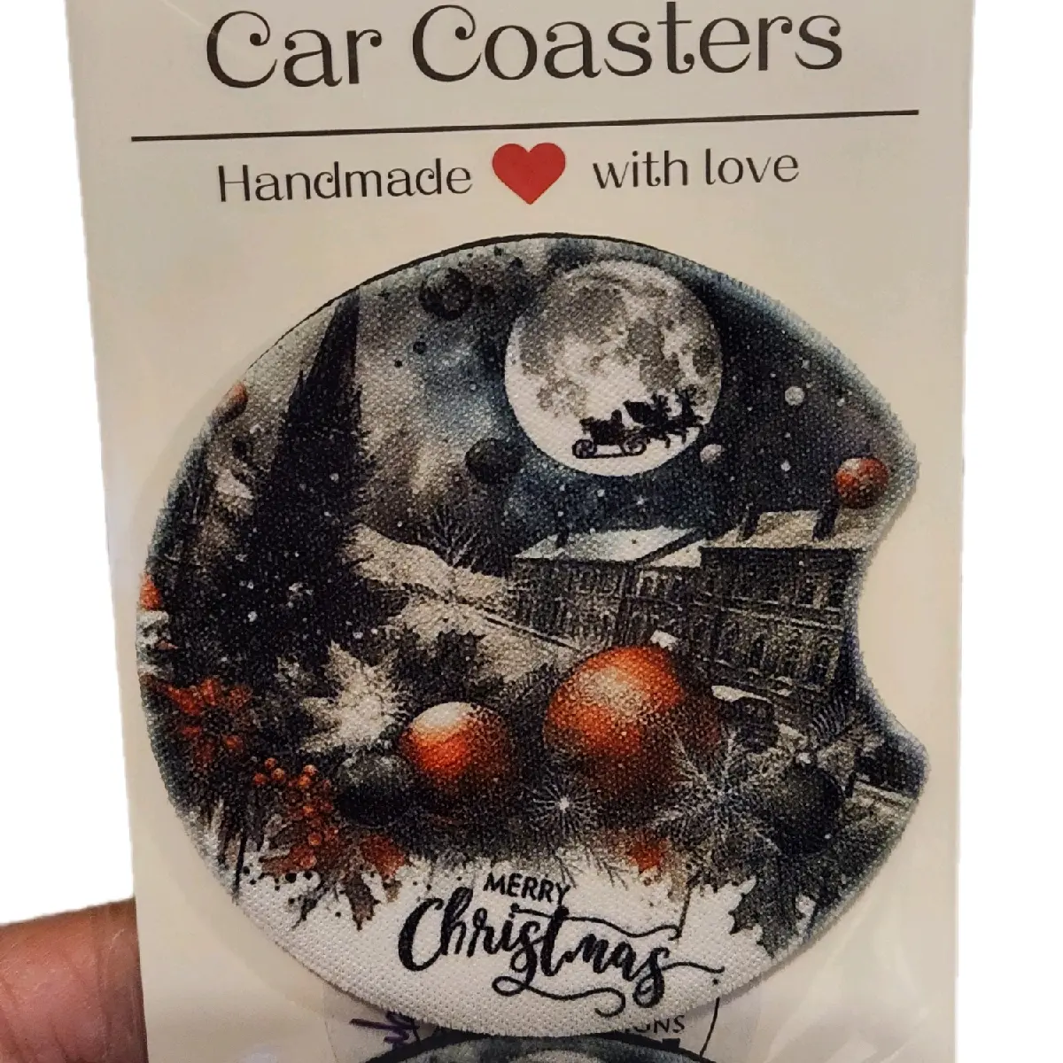 Gray&Red Color Merry Christmas Car Coasters (Set of 2)