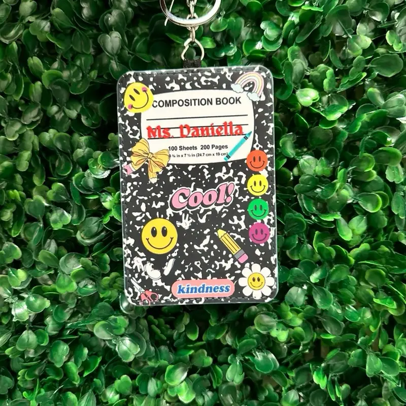Personalized Composition Book Keychain Wallet – Cute Teacher Gift | ID Badge Holder + Card Slot | Back-to-School Essential