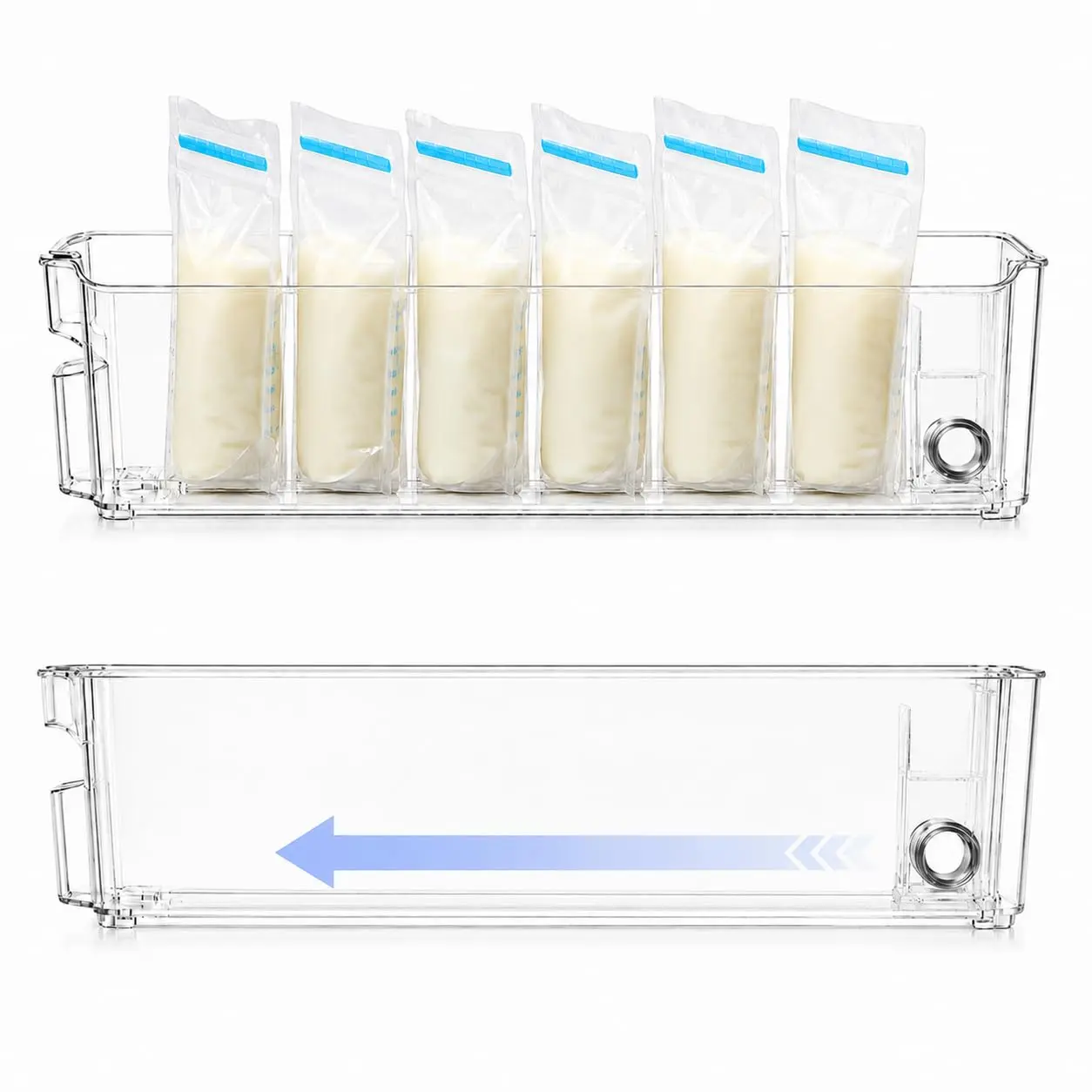 2 Set Breast Milk Storage Containers for Fridge and Freezer with Automatic Pusher, Clear Organizer Self Pushing Bins for Breastmilk Bags, Bottles and Pouches, 14.7 x 4.3 x 3.9 Inches