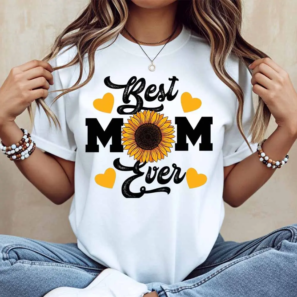 Sunflower Best Mom Ever Print T Shirt White Casual Loose Fit For Everyday Wear And Outdoor Activities