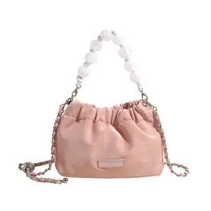 Pearl Handle Stylish Handbag with Detachable Shoulder Strap