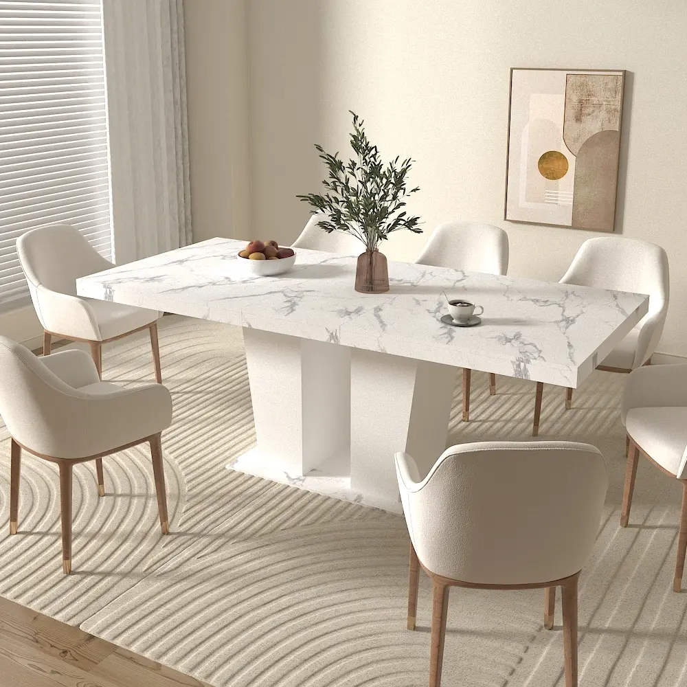 Extendable Dining Room Table for 6-10, Modern All White Faux Marble Rectangle Dining Table with Dual Column Pedestal Base, Expandable Kitchen Table, dining table, dining furniture