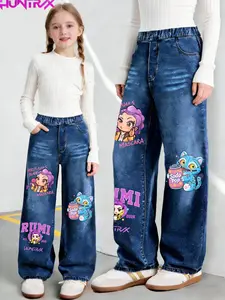 “KPOP – The Huntress Girl Group” Girls' Cartoon Print Jeans, Fitted Casual Denim Jeans for Ages 7-12, Trendy Kids Fashion, Pop Girls Clothing, Youth Apparel