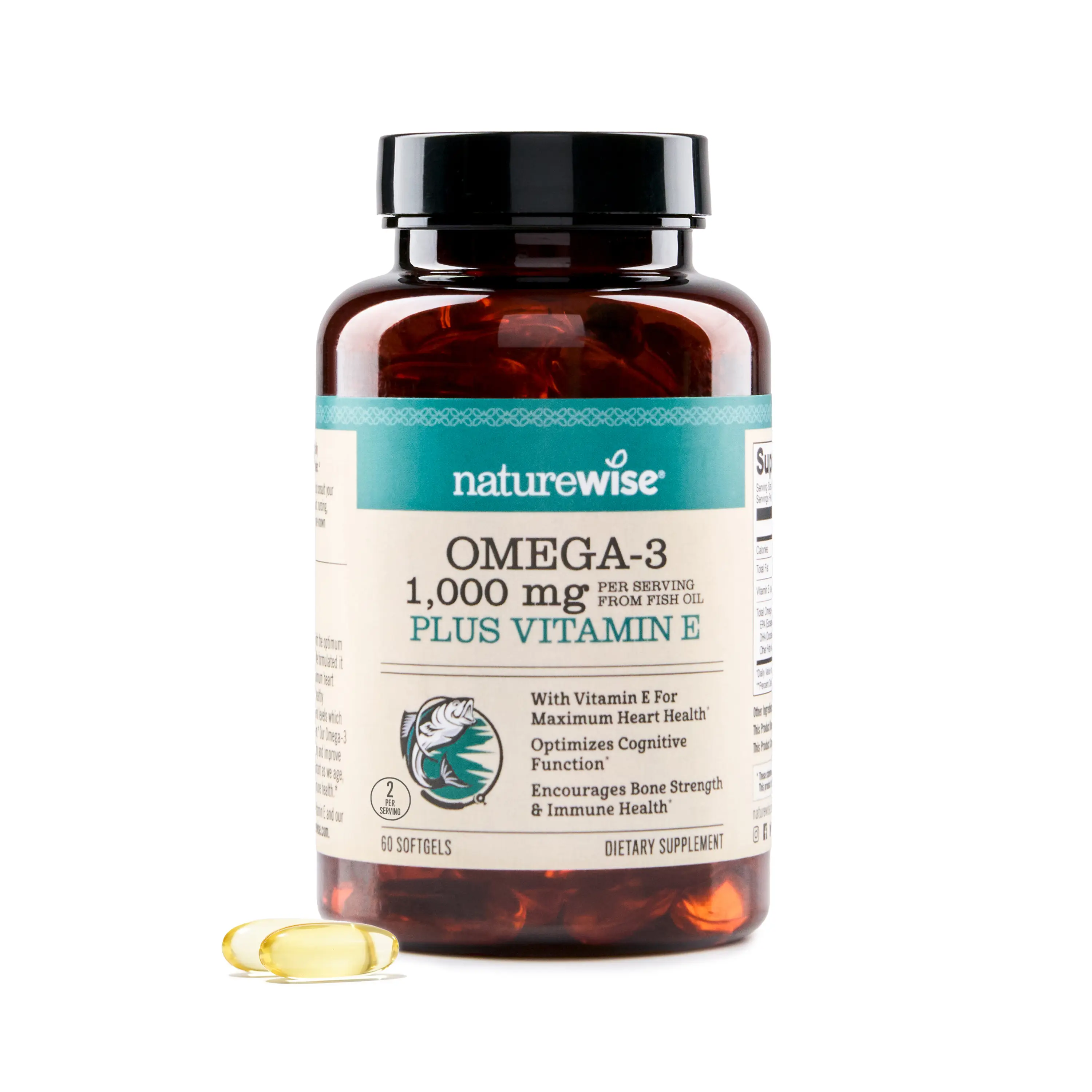 NatureWise Omega 3 Fish Oil Supplement + Vitamin E - 1000mg Omega-3 per Serving - 600 EPA & 400 DHA and Vitamin E - Support for Heart & Brain Health - Lemon Flavor, GMO-Free - USA Manufactured
