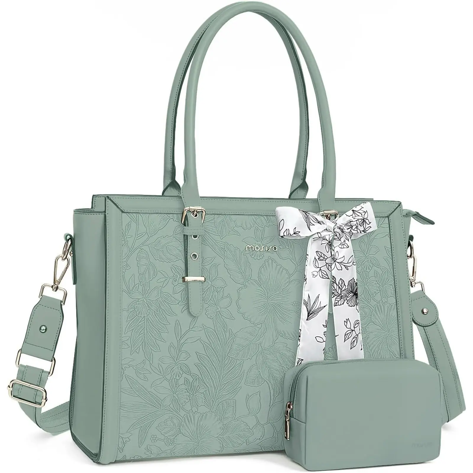 MOSISO Laptop Tote Bag for Women, 16-17.3 Inch Size Options, Embossed Hibiscus PU Leather Computer Bag with Silk Scarf, Clutch Purse and Adjustable Shoulder Strap for Work, Office and Travel