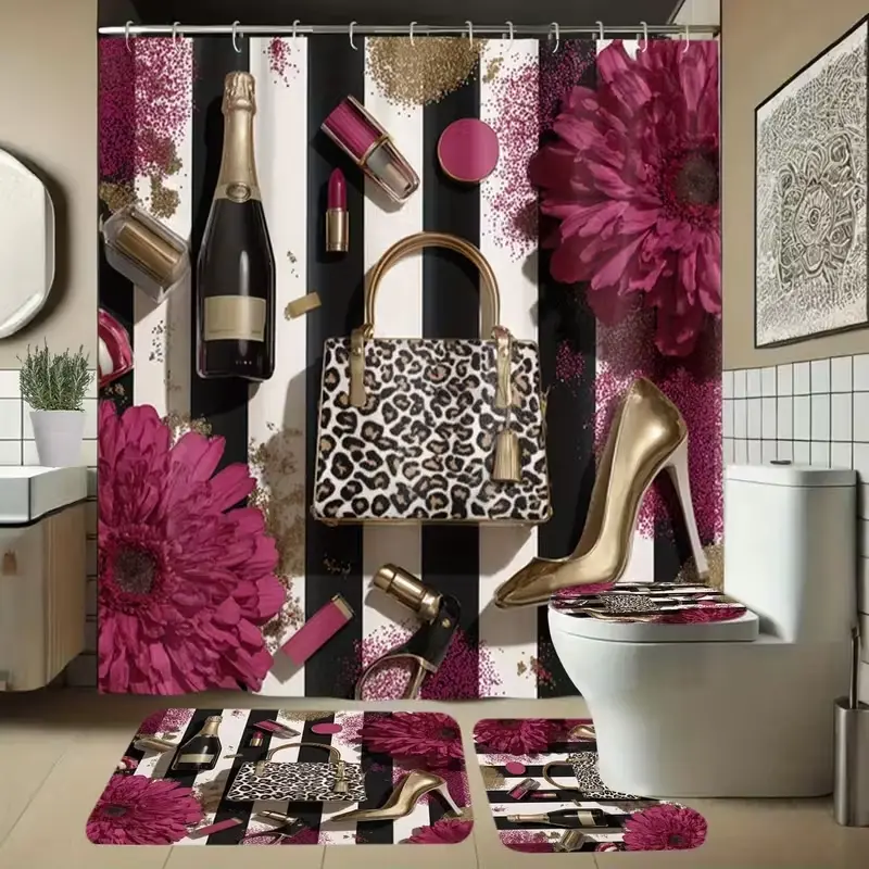 1/4pc Beauty Pattern Shower Curtain Set For Bathroom, Removable shower curtain, including a shower curtain, toilet seat cover, and U-shaped mat, Comes with 12 shower curtain hooks, Bathroom Accessory