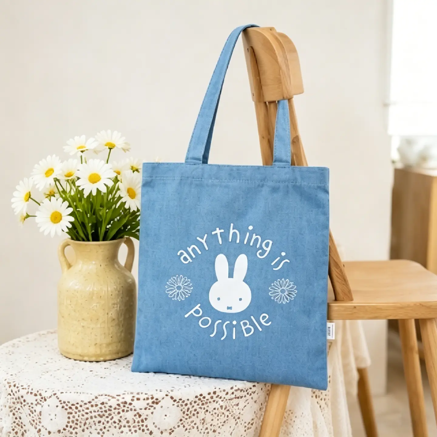 [back to school]MINISO Miffy Printed Canvas Bag for Women, Large Capacity Tote Handbag, Cute Casual Shoulder Bag, Fashion Reusable Shopping Bag in Blue, Lightweight Daily Commute Crossbody Purse, Ideal Gift for Girls Travel School Daily Use#Summervibes