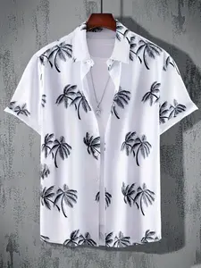Men's Palm Tree Print Short Sleeve Shirt, Casual Regular Fit Button Front Top for Summer, Men's Clothes for Beach Vacation, Tropical, Menswear, Clothing, Leaf Print Shirt, Aesthetic Shirt, Casual Printed