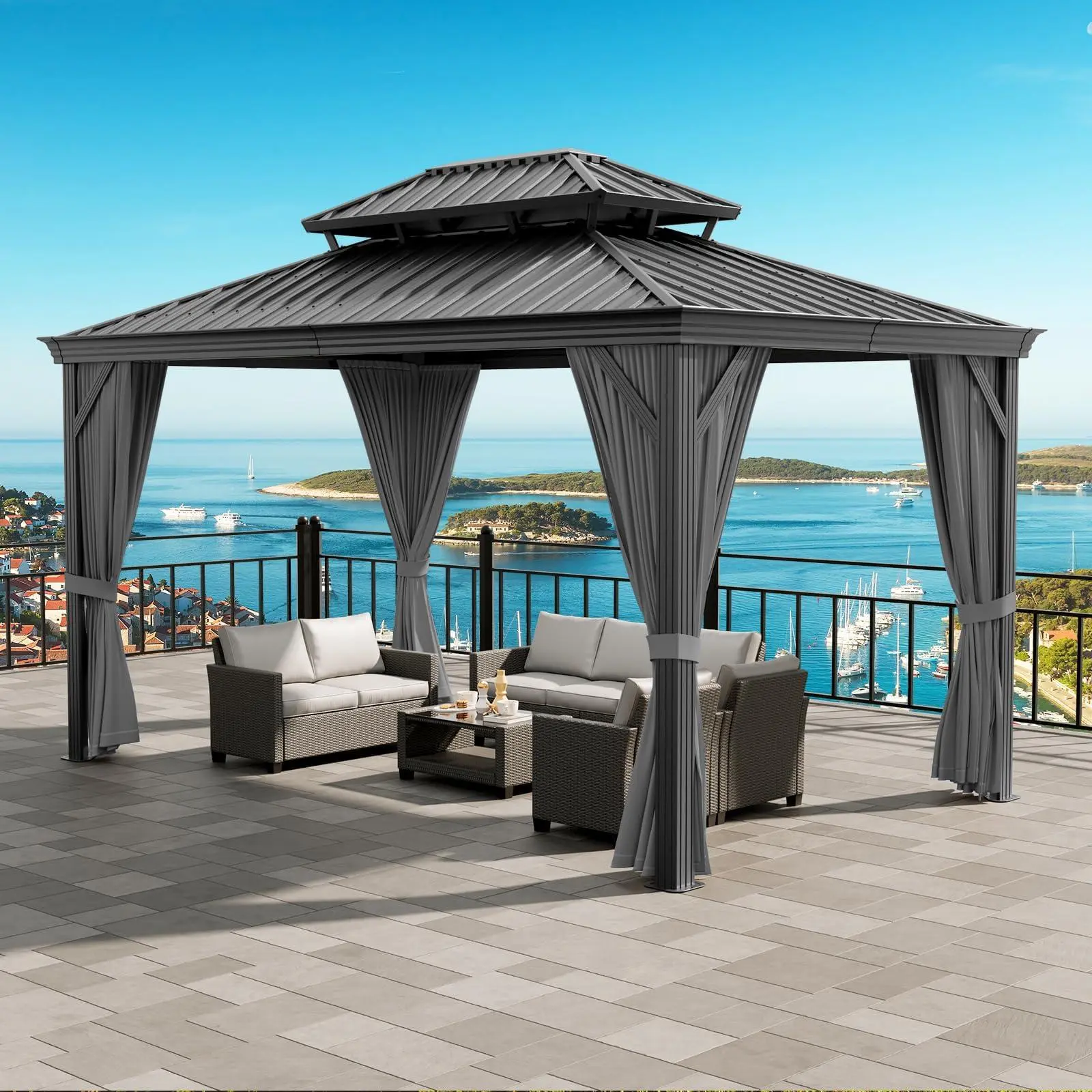 12x18 ft Rectangular Heavy-Duty Aluminum Frame Gazebo Pavilion, Double Roof, Mosquito Netting, Privacy Curtains, Weather-Resistant Reinforced Outdoor Structure for Patio, Garden