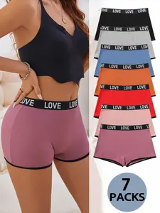 Women's 7pcs Letter Tape Contrast Binding Ribbed Boxer Brief, Soft Comfy Breathable Minimalist Panty for Daily Wear, Underwear for All Seasons