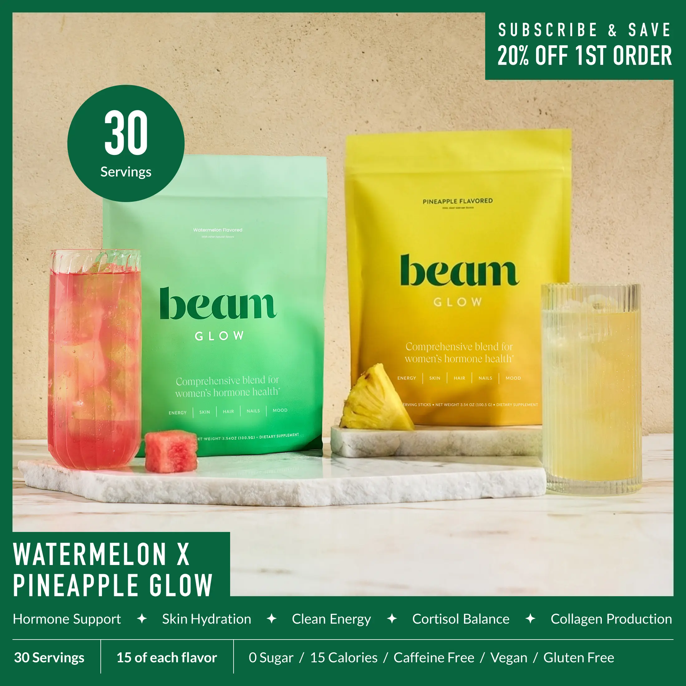 Beam Glow Superblend Duo-Trio Pack Collagen Powder Dietary Supplement for Women’s Hormone Balance, Dairy-Free, Low-Calorie (10 Calories), Sugar-Free, Selfcare Beauty Support (Skin, Hair, Nails), 30 or 45 Servings (15 Servings per Flavor)