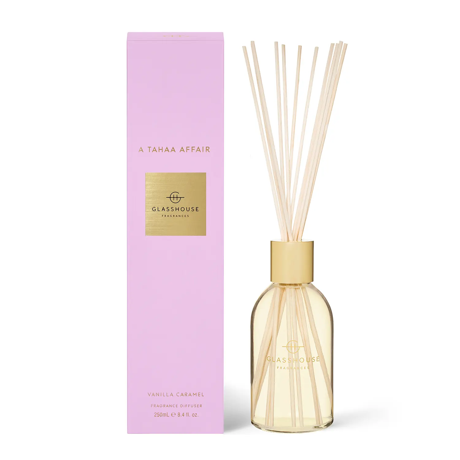 Glasshouse Fragrances “A Tahaa Affair” 250 mL Reed Diffuser – Gourmand Vanilla-Caramel & Coconut Scent in Elegant Glass Vessel