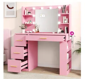 Engineered Wood 40" Pink Makeup Vanity Desk with LED Mirror, 4 Drawers, Hair Dryer Holder, and Shelves