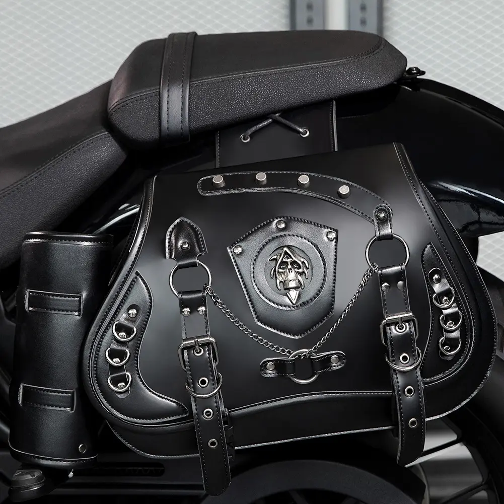 PU Leather Motorcycle Rear Side Bags (1 Pair) - 42cm Large Space Secure Storage, Punk Look Hanging Bags with Cup Holder & Black Skull Design, Quick Mount for Harley Models