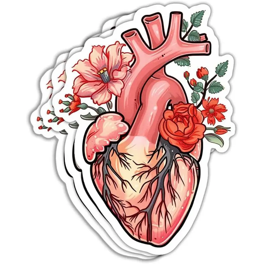 COMBO 3PCS Flower Anatomical Heart Sticker, Cardiology Nurse Anatomy Sticker Human Heart Stickers Gift Decoration for Hard Hat Car Laptop Stickers