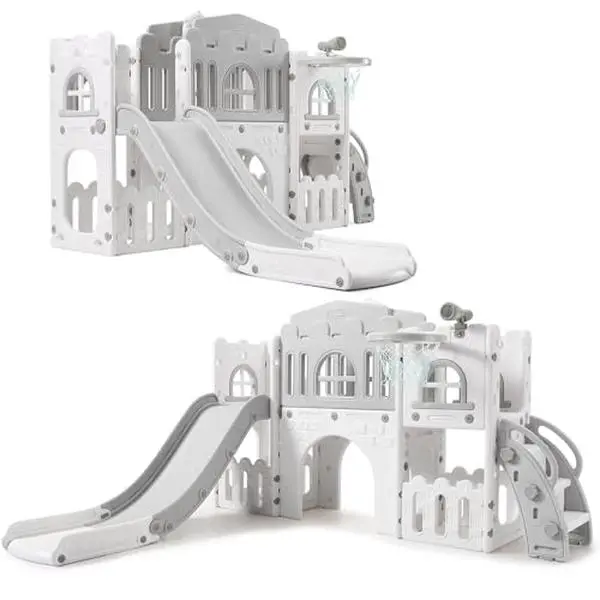 Durable 8-in-1 Toddler Slide Playset - Indoor/Outdoor Play Equipment with Climber, Crawling Tunnel, Basketball Hoop, Telescope, Toy Storage, Gray for Ages 1-3 Kids, Kids Toys