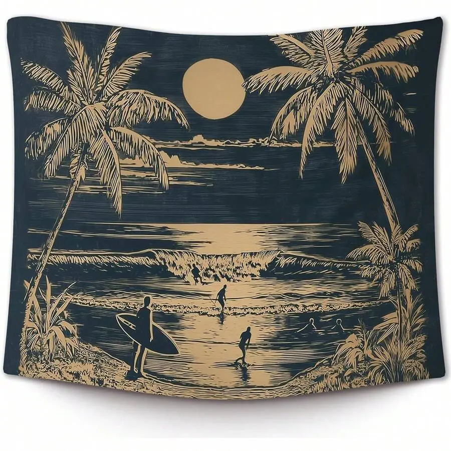 Retro Surfing Summer Ocean Wall Tapestry, Vintage Beach Coastal Wall Decor, Modern Surfboard Pattern Print Art, Blue Wave Aesthetic Room Decor, California Dreamin' Bedroom Hanging