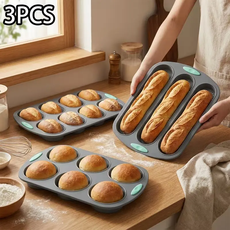 3-Piece Non-Stick Silicone Bread Baking Mold Set, Includes Baguette Tray, Bun Molds, Toast Molds, High-Temperature Bake Tools, Kitchenware Bakeware, High Quality Bakeware, Baking Supplies