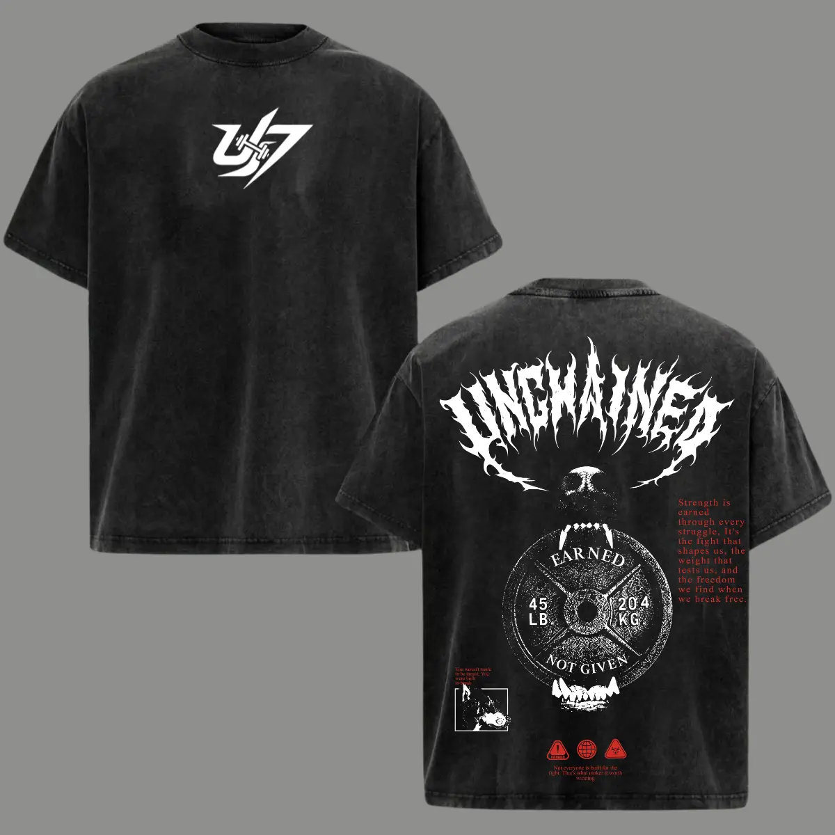 Unchained Oversized Washed T Shirt Vintage Gym Graphic Tee Skull Barbell Fitness Shirt Bodybuilding Pump Cover Heavyweight Cotton Streetwear Workout Apparel Strength Training Muscle Lifestyle Unisex Athletic Casual Gift