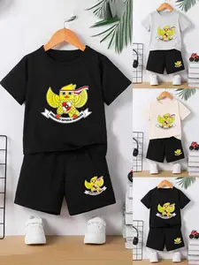 Boys' Cartoon Print Short Sleeve T-Shirt and Shorts Set, Soft Breathable Fabric, Perfect for Summer Activities, Kids Fashion Essentials
