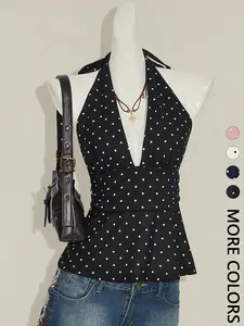 Women's Polka Dot Print Halter Top, Deep V Neck, Tie Back Closure, Adjustable Ruched Waist, Soft Breathable Fabric, Suitable for Daily Wear and Vacations