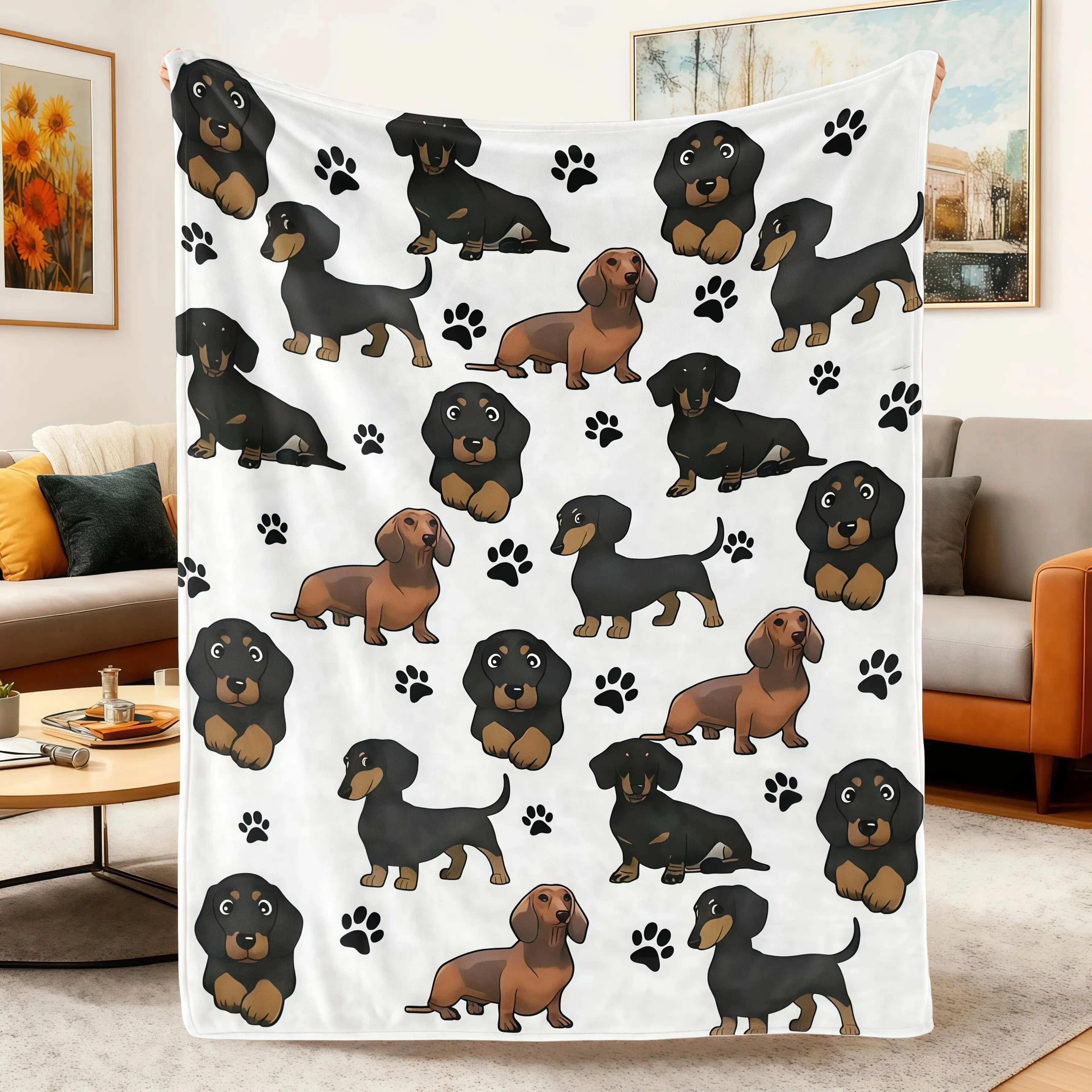 Adorable Dachshund Dog Blanket,Soft Flannel Throw Blanket,Cute Wiener Dog Paw Print Cozy Lightweight Blanket for Bed Couch Sofa,Dog Lover Gift for Women Kids