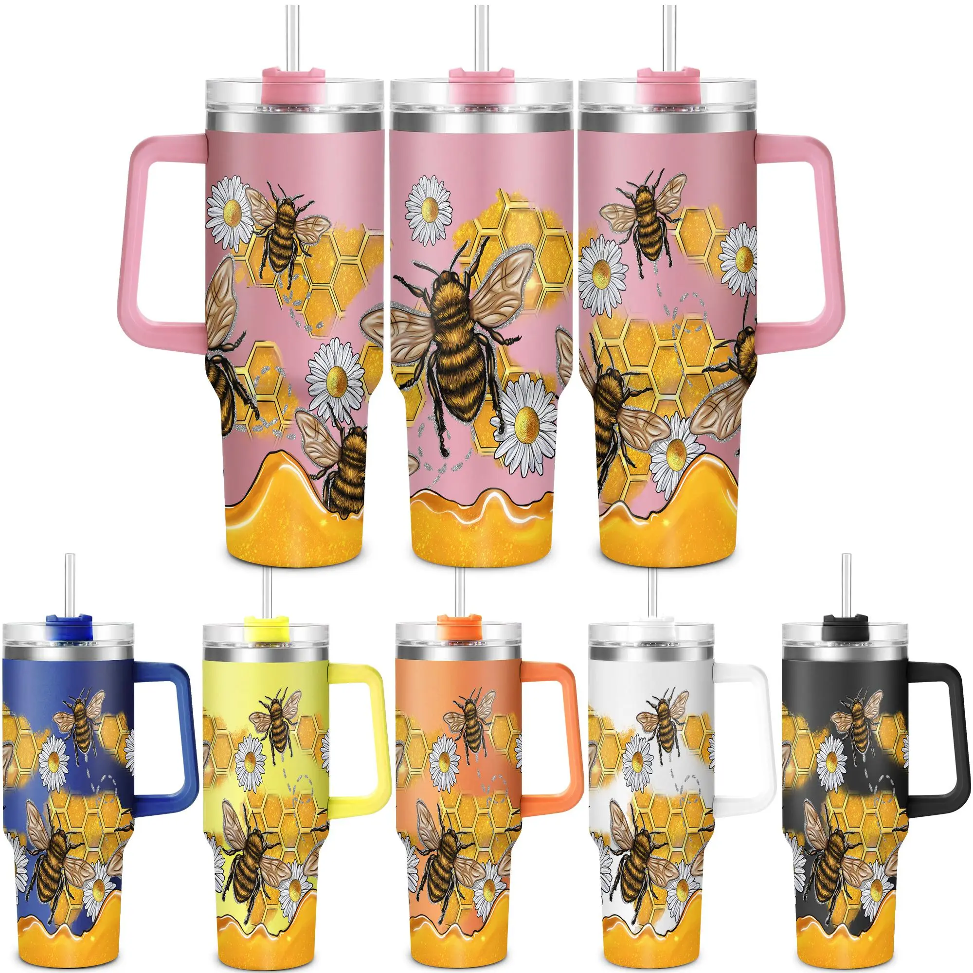 40oz Tumbler with Lid, 1 Count Honey Bee Pattern Stainless Steel Water Bottle, Drinking Cup for Home Office School Outdoor Camping, Drinkware, Insulated Tumbler