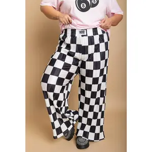Checkered Plisse Pants - Black