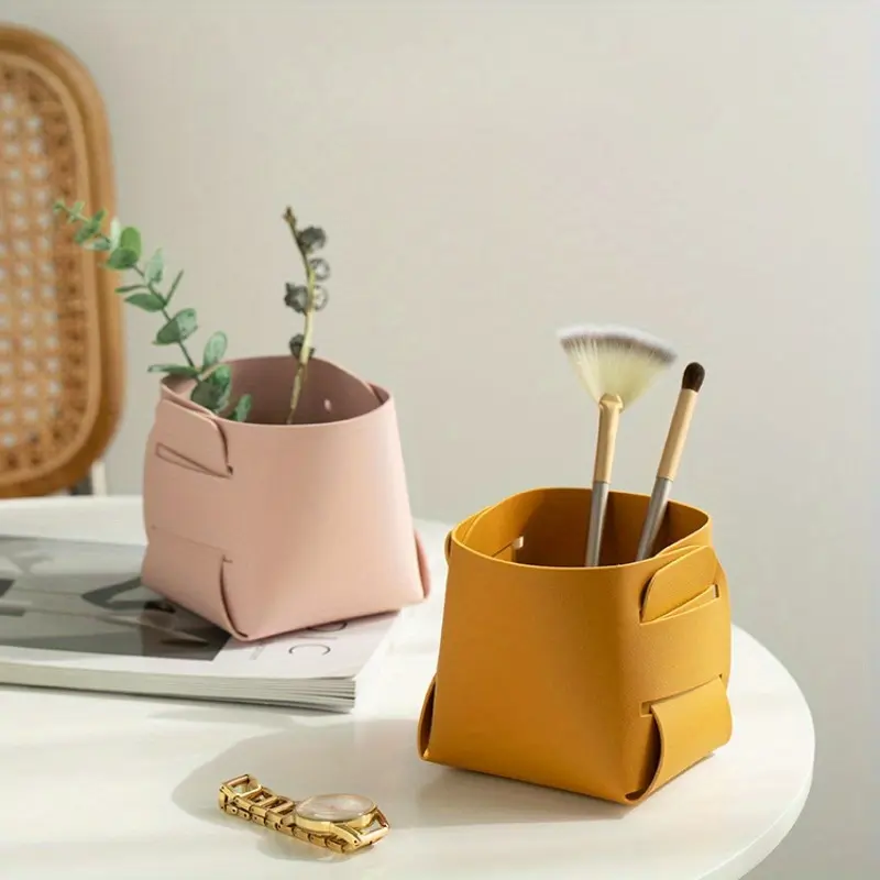 Versatile Faux Leather Desktop Organizer - Sleek Storage Tube for Makeup & Stationery, Stackable Design, Shelf Baskets