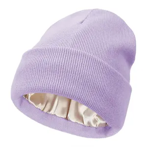 Womens Satin Lined Knit Beanie Hat Acrylic Winter Hats for Women Men Silk Lining Soft Slouchy Warm Cuffed Beanie Hat