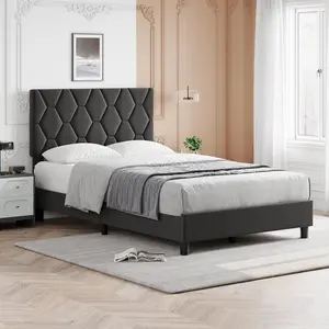 【Christmas Gift】Twin Bed Frame Upholstered Platform Bed Frame with Fabric Headboard  Ornate Diamond Design  Non-Slip Solid Wood Slats Support Easy Assembly  Noise Free  Light Gray