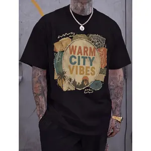 Warm City Vibes Vintage Collage Graphic Tee Retro Distressed Circle Print With Palm Trees Skyline Sun In Rust Teal Mustard Olive On Black Printed Tee Casual Wear Unisex Top Summer Shirt Streetwear Style Aesthetic Tee Trendy Design Fabric Style