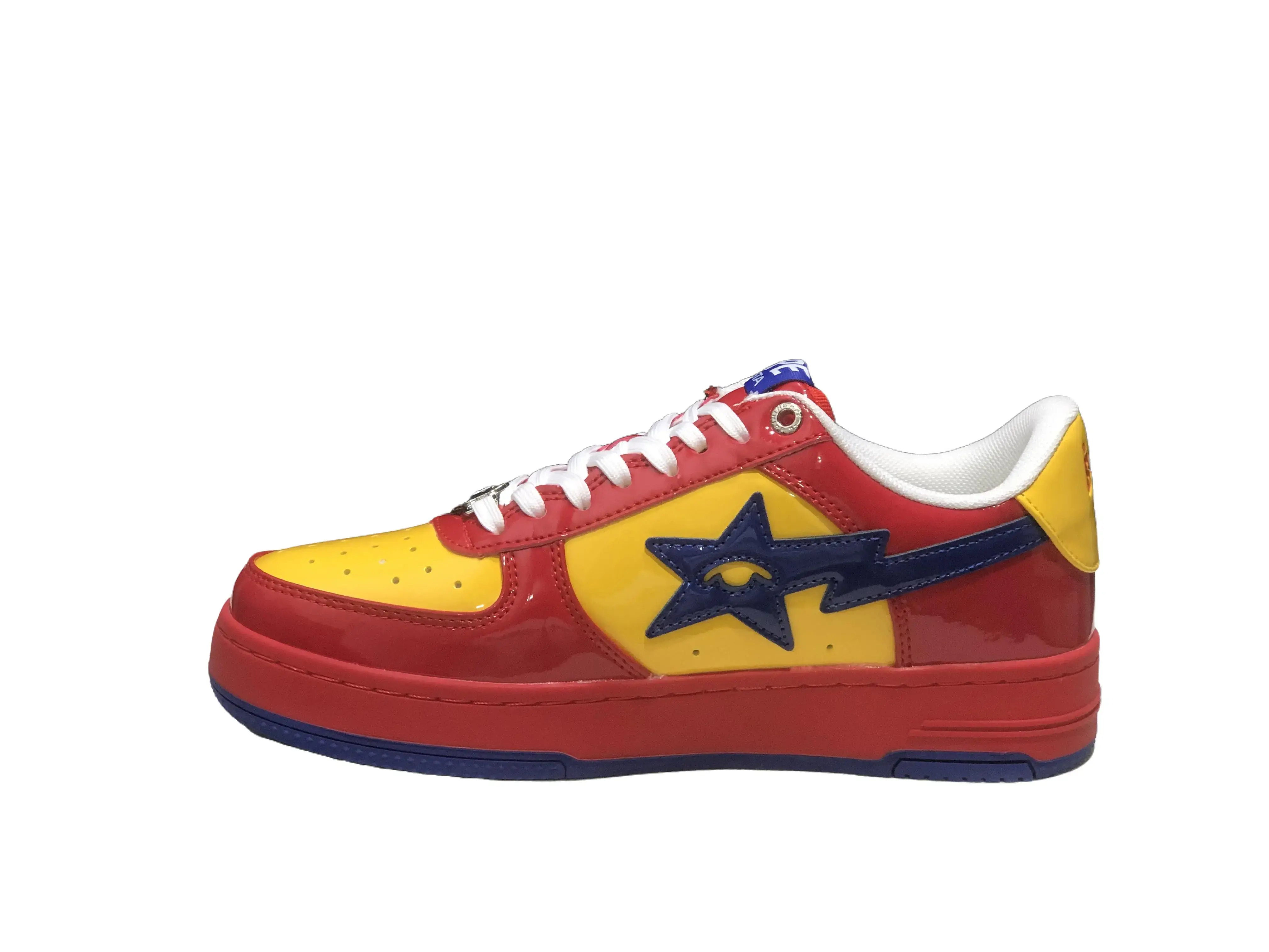 Premium Gloss Patent Leather Flat Skate Sneaker Red Yellow Color Block Dark Blue Lightning Star Side Embroidery Flexible Anti-Slip Dark Blue Rubber Midsole & Outsole Trendy Youth Hip Hop Fashion Footwear