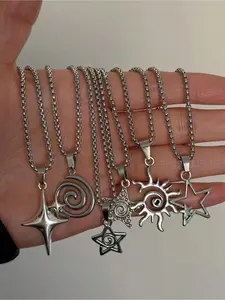 6 Pcs Retro Y2K Spiral Hollow Star Sun Pendant Stainless Steel Necklace Set, Minimalist Punk Unisex Couple Jewelry, Versatile Design, Punk Style Necklace
