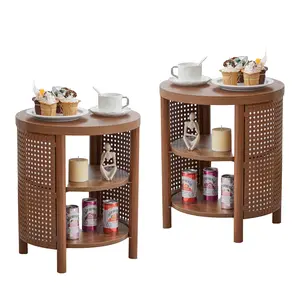 Giratree 3 Tire Small Round Side Table with Iron Rattan, 16" Farmhouse Bohemian End Table with Storage Shelf, Wood Nightstand for Living Romm Sofa Couch, Bedroom