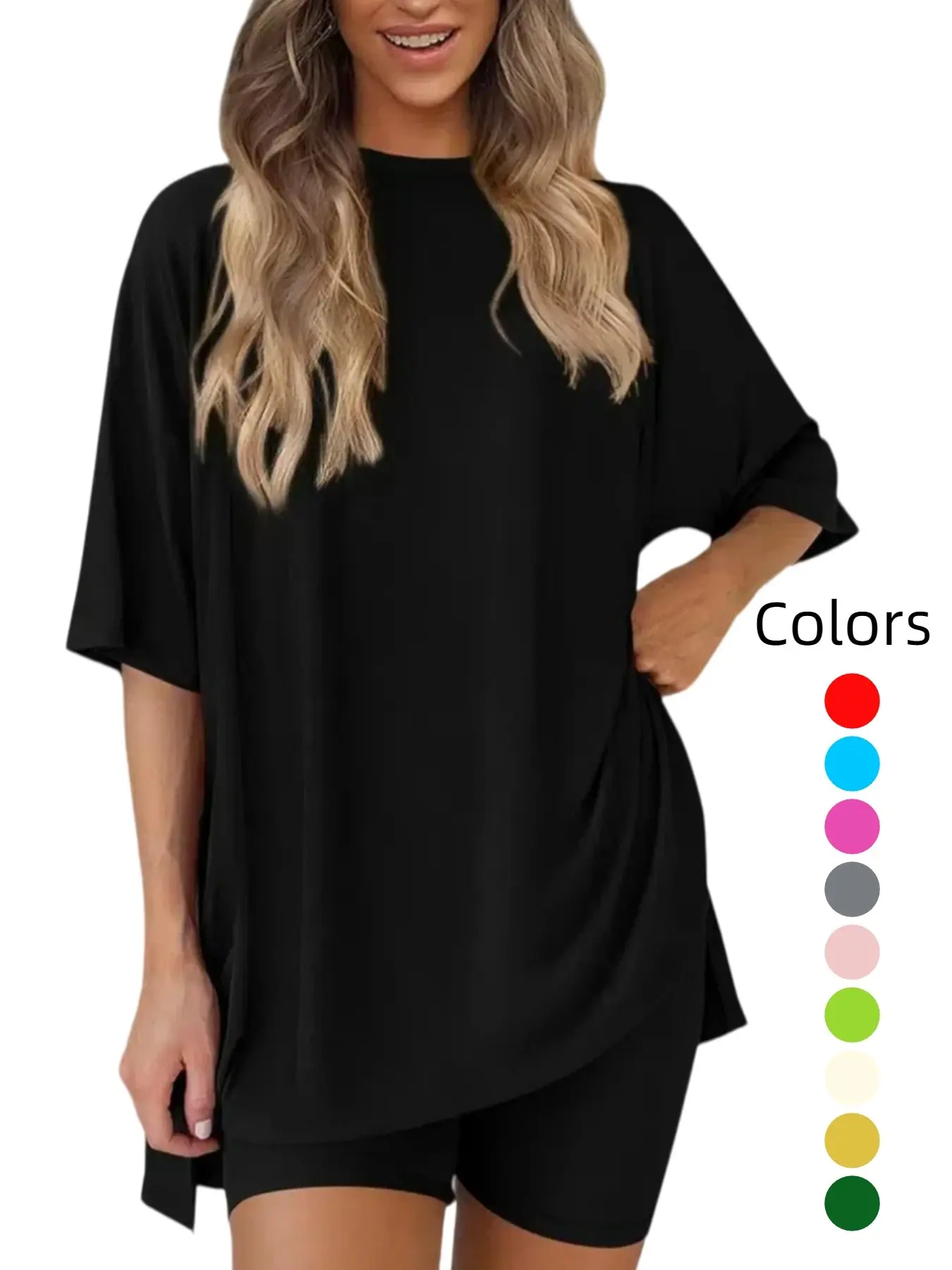 Women's Solid Color T-Shirt and Tight Shorts Set, Casual Comfort Round Neck T-Shirt and Short Pajama Set, Summer Sleepwear Loungewear with Pockets,Women's  Pajama Set