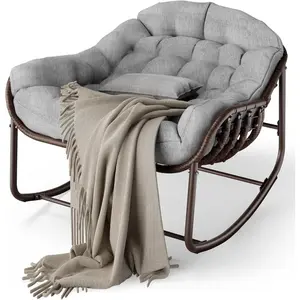 Outdoor Papasan Rocking Chair, Oversized Wicker Lounge Chair with Cushion and Metal Frame, Patio Rattan Egg Rocker for Balcony Backyard Porch Bedroom, Grey