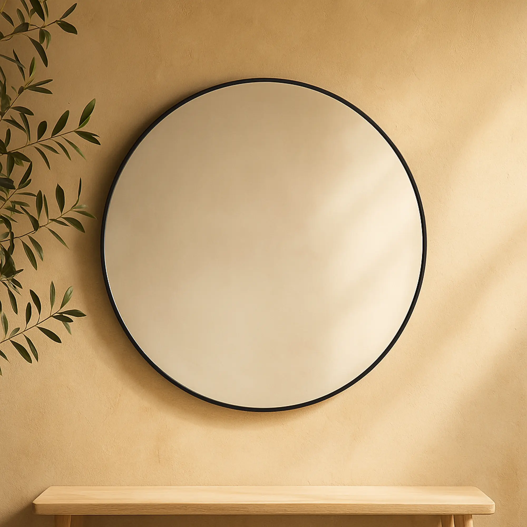 Contemporary Round Reflective Glass MDF Wood Thin-Frame Hanging Wall Mirror - 30l x 1.25w x 30h in, Modern Minimalist Single Entryway Mirror for Home Decor, Room