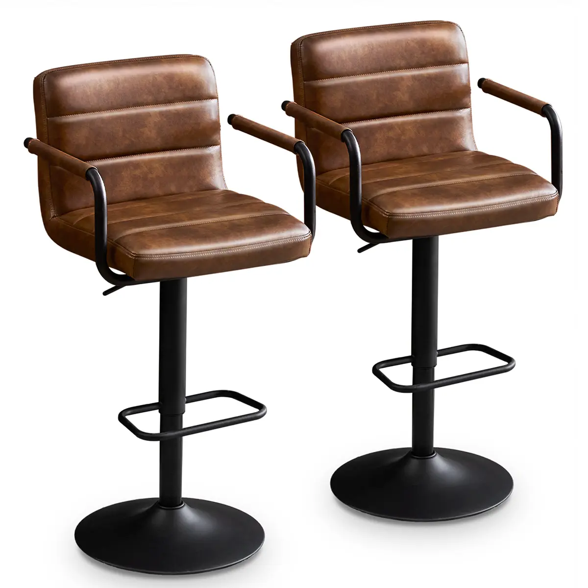 Rishtivin Swivel Bar Stools Set of 2, Industrial PU Leather Adjustable Bar Stools with Backrest & Armrests, Counter Height Bar Stools with Footrest for Kitchen Island, Bar, Dining Room
