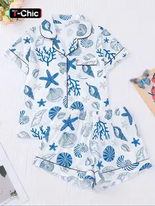 Women's Shell Print Top & Shorts Pyjama Two-piece Set, Casual Comfy Short Sleeve Top & Elastic Waist Shorts PJ Set, Ladies Summer Sleepwear, Pajamas Sets, Breathable Stylish Pajama