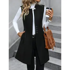 Women's Solid Notched Neck Button Front Vest Coat, Casual Sleeveless Pocket Outerwear for Daily Wear, Ladies Clothes for All Seasons