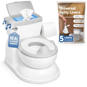 Real Feel 2-in-1 Potty with Wipes Storage, Flushing Sounds & Disposable Liners - Realistic Toilet - Easy to Clean & Assemble (Gray)