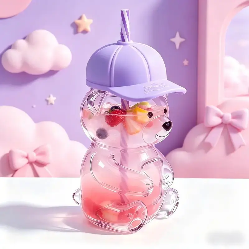 Cute Bear Shaped Glass Water Tumbler Cup Bottle, 20oz Capacity, Hat Lid, Ideal for Coffee, Juice, Milk, Tea, Includes Free Straw and Lid