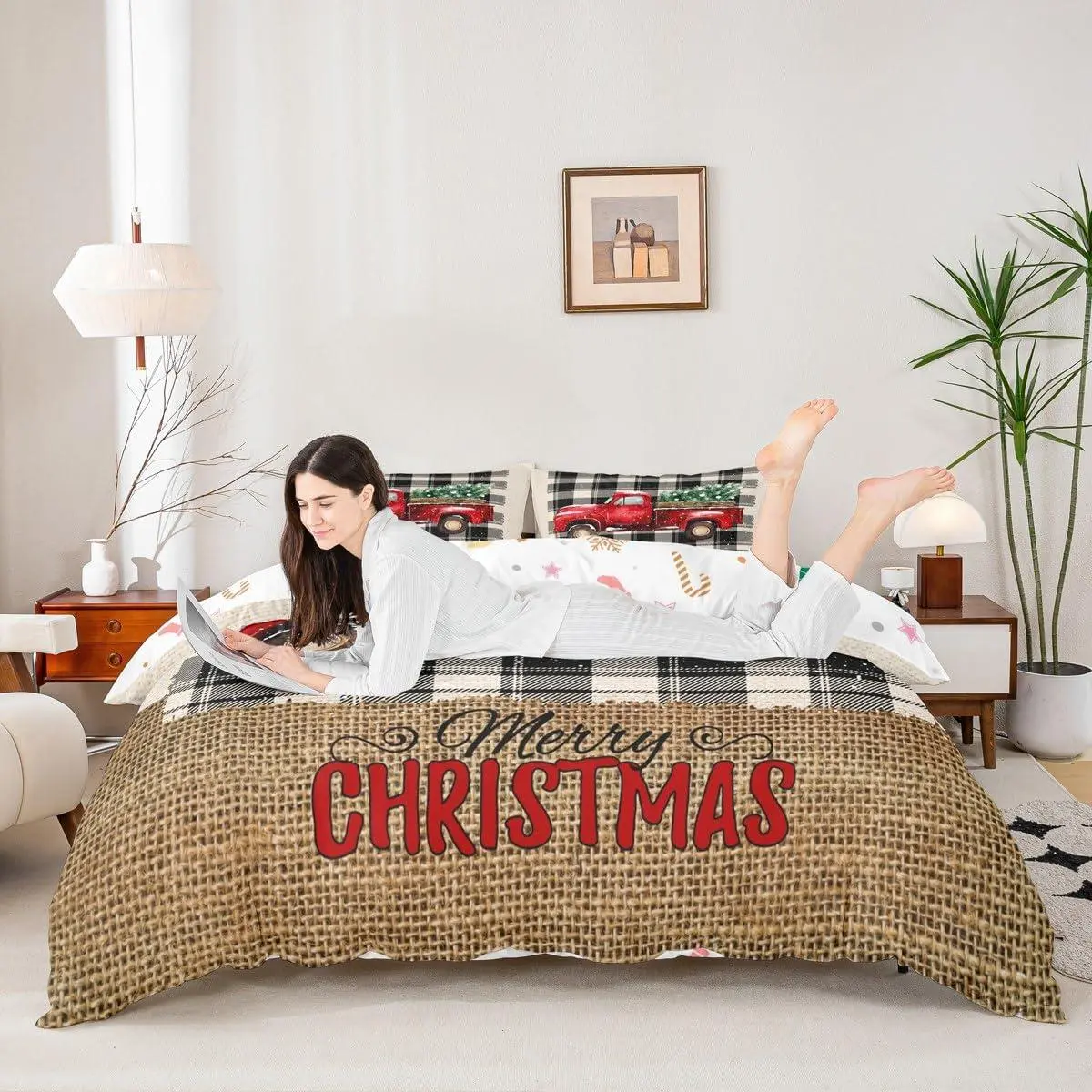 Kids Christmas Truck Duvet Cover Set,Xmas Tree Snowflake Bedding,Girls Boys Adults Room/Cabin Decor,Geometric Grids Plaid Chic Comforter Cover,Rustic Retro Quilt Cover