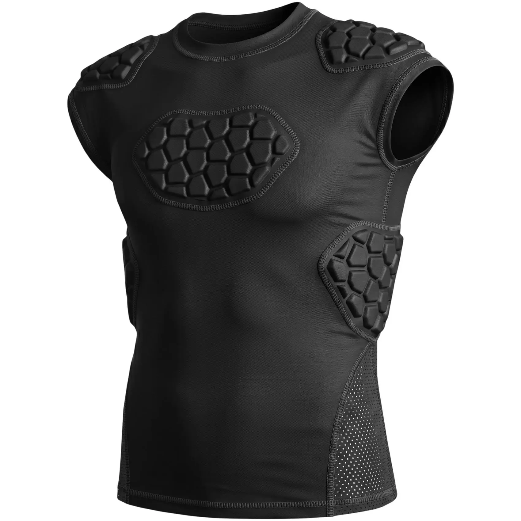 Exxact Sports Elite 6-Pad Adult Padded Football Shirt with Chest, Shoulder, Ribs & Spine Protection, Mens Football Padded Compression Shirt,Black, Adult
