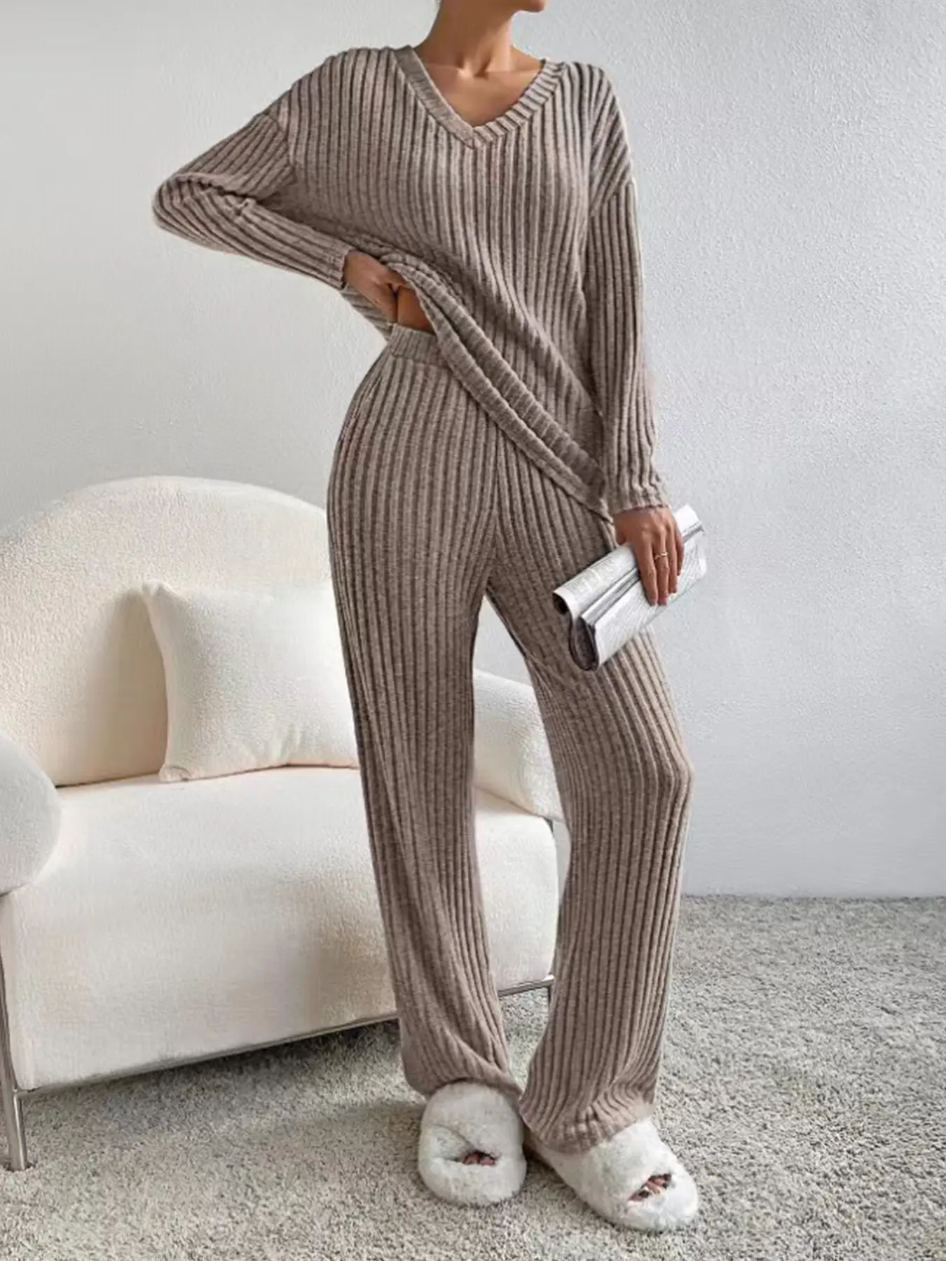 Women's V Neck Long Sleeve Pajama Set, Matching PJ Set, Autumn Winter Striped Sleepwear, Loose Fit Wide Leg, Side Pocket Design, Comfortable Casual Homewear, Loungewear, Striped Knit Sets, Loungewear Pjs Set, Loungewear Pajamas