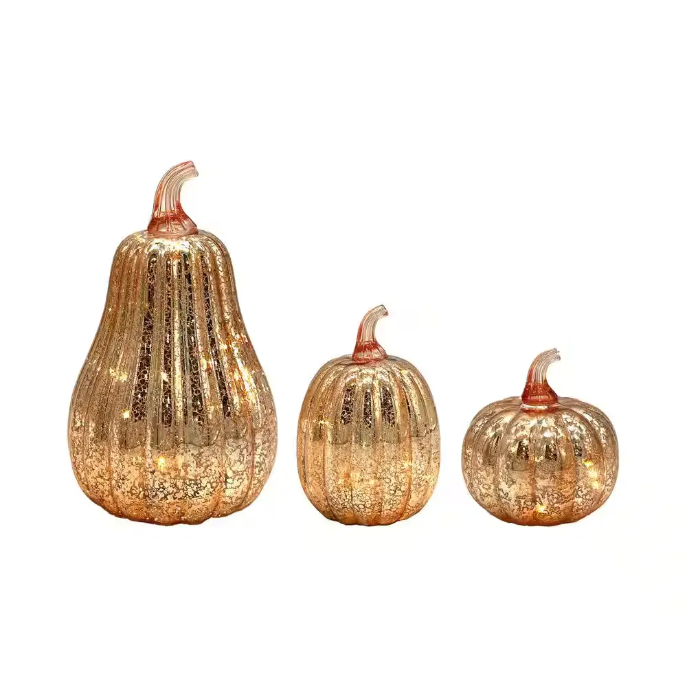Gold Mercury Glass Pumpkins Set of 3 | Battery Operated Lighted Pumpkin Decor | Elegant Fall, Halloween & Thanksgiving Decorations for Home, Mantel & Table LUMABASE