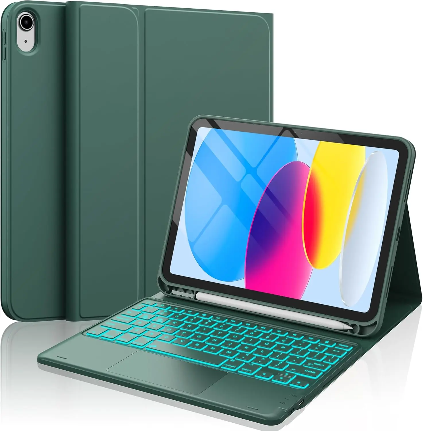 [CHESONA] for iPad 10th Generation Case with Keyboard, 7 Color Backlight, Multi-Touch Trackpad, Flip Stand Case with Pencil Holder, 2 Wireless Channels for iPad (A16) 11th/10th Gen 2025/2022, Green