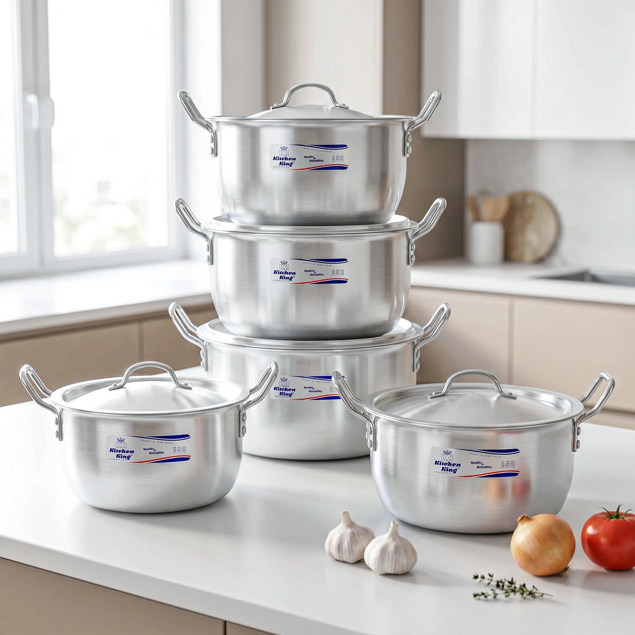 Kitchen King - 10 Pcs Topical Casseroles & Cooking Pots (12-16 Inches), Aluminium Cookware Set, Heavy Duty, Smooth Handles, Modern Hygienic, Suitable for Stove Use, Ideal for heavy cooking