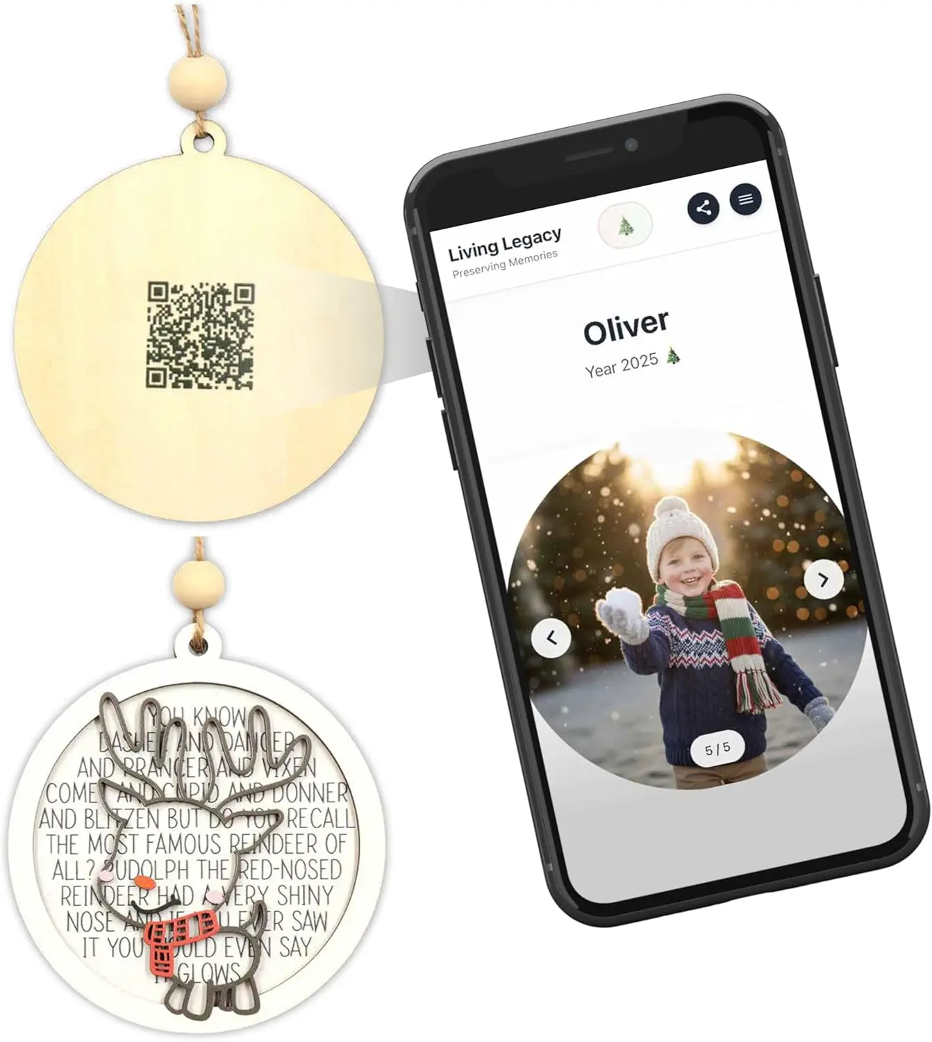 Living Legacy Reindeer QR Ornament Personalized Christmas Decoration Handmade Wood Ornament with Scannable QR Code Custom Photo Ornament for Family Tree & Christmas Gift
